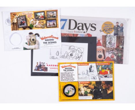 Park (Nick) Group of items relating to Wallace and Gromit, including original doodle of Gromit on bookplate signed by Park, d