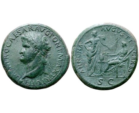 Nero Æ Sestertius. Lugdunum, AD 66. IMP NERO CAESAR AVG PONT MAX TR POT P P, laureate bust left; globe at point of bust / ANN