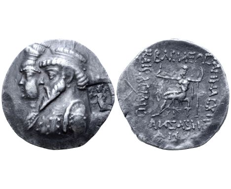 Kings of Elymais, Kamnaskires III with Anzaze AR Tetradrachm. Seleukeia on the Hedyphon, circa 82-75 BC. Conjoined busts left