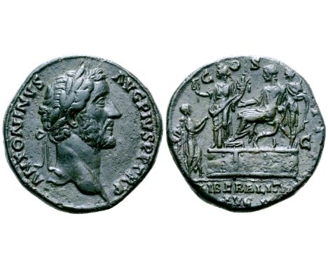 Antoninus Pius Æ Sestertius. Rome, AD 145-161. ANTONINVS AVG PIVS P P TR P, laureate head right / COS [IIII], emperor seated 