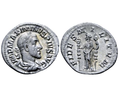 Maximinus I AR Denarius. Rome, AD 235-236. IMP MAXIMINVS PIVS AVG, laureate, draped and cuirassed bust right / FIDES MILITVM,