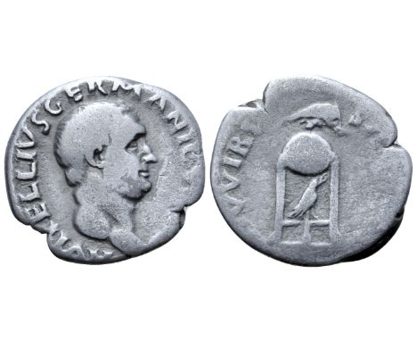 Vitellius AR Denarius. Rome, April-December AD 69. A VITELLIVS GERMANICV[S IMP], bare head right / [X]V VIR [SACR FAC], tripo