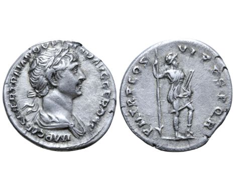 Trajan AR Denarius. Rome, AD 114-117. IMP CAES NER TRAIANO OPTIMO AVG GER DAC, laureate and draped bust right / P M TR P COS 