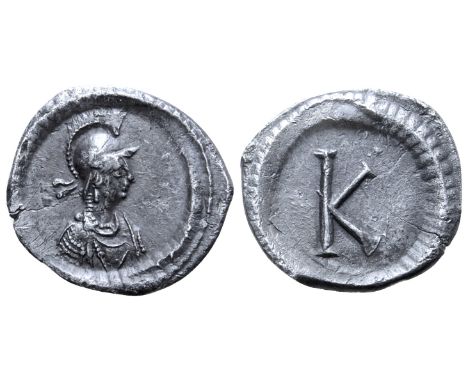 Commemorative Series AR Fraction. Constantinople, time of Justinian I, circa AD 530. Helmeted and draped bust of Constantinop