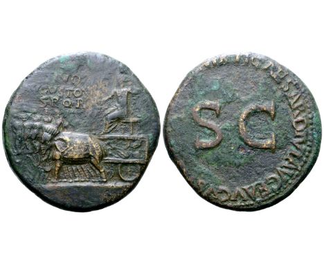 Divus Augustus Æ Sestertius. Rome, AD 36-37. DIVO AVGVSTO S P Q R in three lines above quadriga of elephants carrying radiate