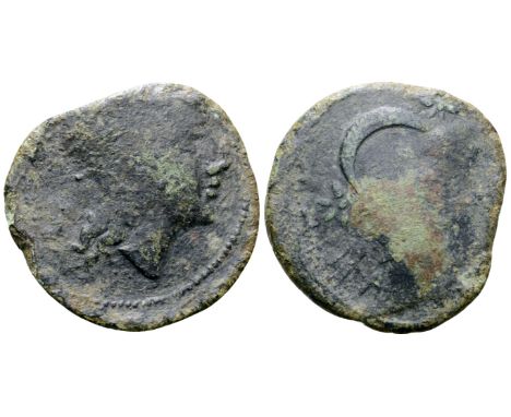 Etruria, Populonia Æ Sextans. Late 3rd century BC. Head of Menvra right, wearing crested Corinthian helmet; two pellets above