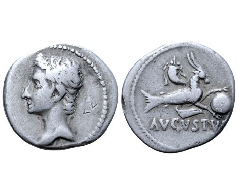 Augustus AR Denarius. Spanish mint (Colonia Patricia?), July 18-17/16 BC. Bare head left / Capricorn right, holding globe att