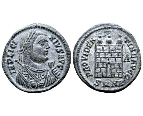 Licinius I Æ Nummus. Heraclea, AD 318-320. IMP LICINIVS AVG, laureate and draped bust right with globe, sceptre and mappa / P