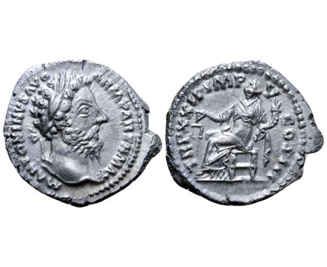 Marcus Aurelius AR Denarius. Rome, AD 168. M ANTONINVS AVG ARM PARTH MAX, laureate head right / TR P XXII IMP V COS III, Aequ