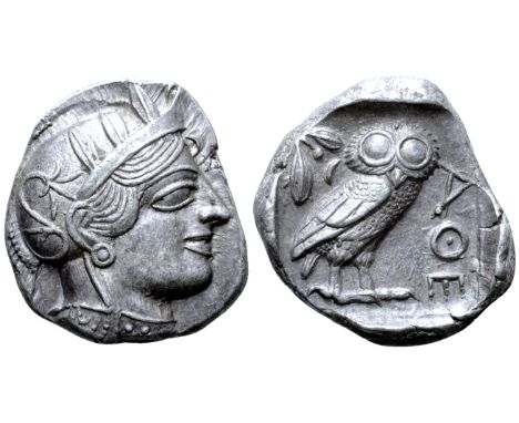 Attica, Athens AR Tetradrachm. Circa 454-404 BC. Head of Athena right, wearing earring, necklace, and crested Attic helmet de