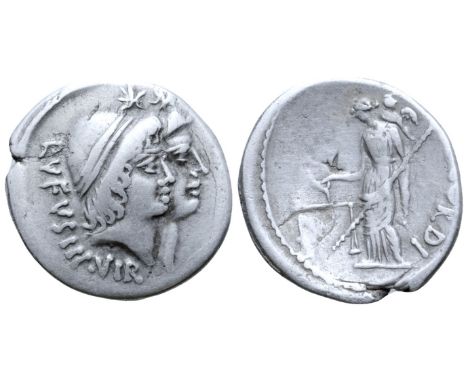 Mn. Cordius Rufus AR Denarius. Rome, 46 BC. Jugate heads of Dioscuri right, RVFVS•IIIVIR around / Venus Verticordia holding s