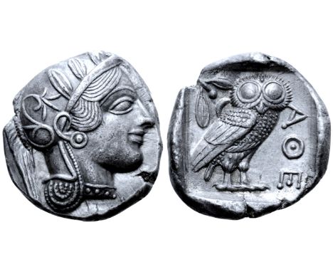 Attica, Athens AR Tetradrachm. Circa 454-404 BC. Head of Athena right, wearing earring, necklace, and crested Attic helmet de