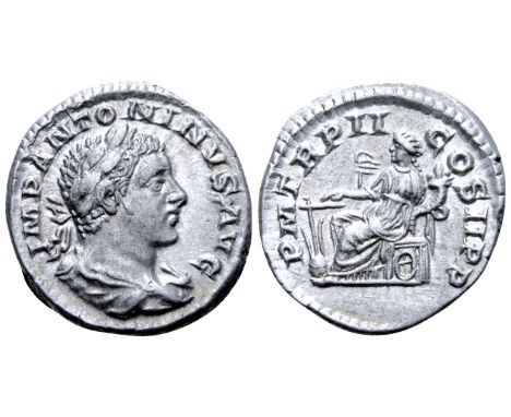 Elagabalus AR Denarius. Rome, AD 219. IMP ANTONINVS AVG, laureate and draped bust right / P M TR P II COS II P P, Fortuna sea