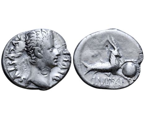 Augustus AR Denarius. Lugdunum, 12 BC. AVGVSTVS DIVI F, bare head right / Capricorn right, holding globe; IMP•XI below. RIC 1