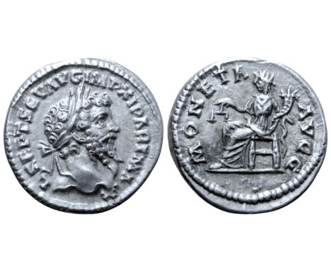 Septimius Severus AR Denarius. Rome, AD 198-200. L SEPT SEV AVG IMP XI PART MAX, laureate head right / MONETA AVGG, Moneta se