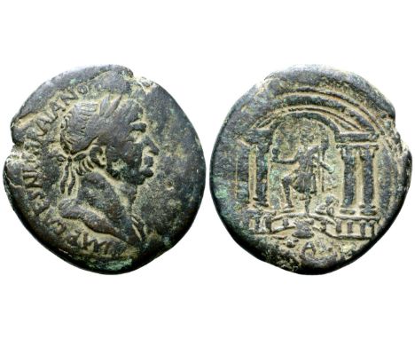 Trajan Æ34 of Caesarea Maritima, Samaria. Circa 115 CE. IMP CAES NER TRAIANO [OP AVG GER DAC COS VI P P], laureate bust right