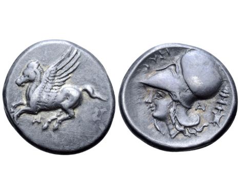 Akarnania, Anaktorion AR Stater. Circa 345-300 BC. Pegasos flying left; AN monogram below / Helmeted head of Athena left; ???