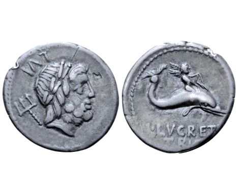 L. Lucretius Trio AR Denarius. Rome, 74 BC. Laureate head of Neptune right, with trident at shoulder; LVI (control mark) behi