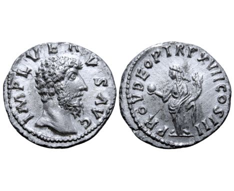 Lucius Verus AR Mule Denarius. Rome, AD 162-163. IMP L VERVS AVG, bare head right / PROV DEOR TR P XVII COS III, Providentia 