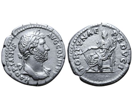 Hadrian AR Denarius. Rome, AD 134-138. HADRIANVS AVG COS III P P, laureate bust right, with light drapery / FORTVNAE REDVCI, 