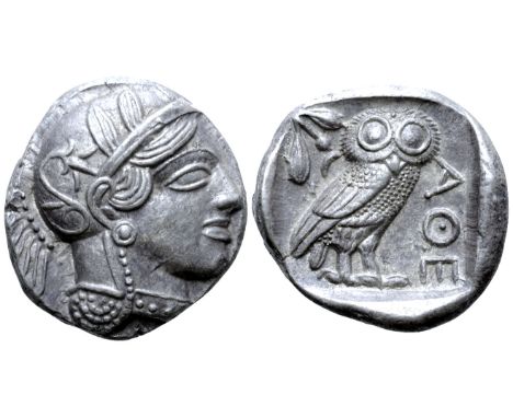 Attica, Athens AR Tetradrachm. Circa 454-404 BC. Head of Athena right, wearing earring, necklace, and crested Attic helmet de