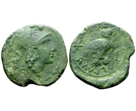 Etruria, Populonia Æ Sextans. Late 3rd century BC. Head of Menvra right, wearing crested Corinthian helmet; two pellets above