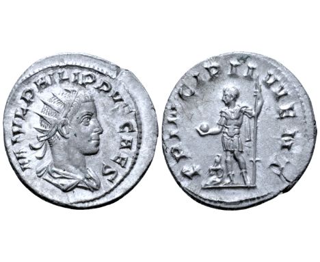 Philip II, as Caesar, AR Antoninianus. Rome, AD 244-246. M IVL PHILIPPVS CAES, radiate, draped and cuirassed bust right / PRI