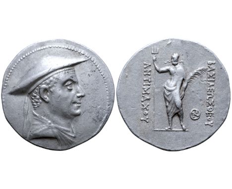 Greco-Baktrian Kingdom, Antimachos I Theos AR Tetradrachm. Circa 180-170 BC. Diademed and draped bust right, wearing kausia /