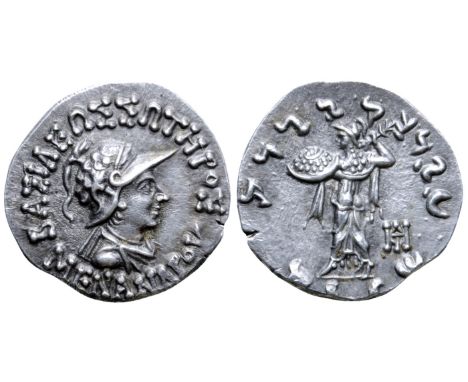 Indo-Greek Kingdom, Menander I Soter AR Drachm. Circa 155-130 BC. Diademed, draped, and cuirassed bust right, wearing crested