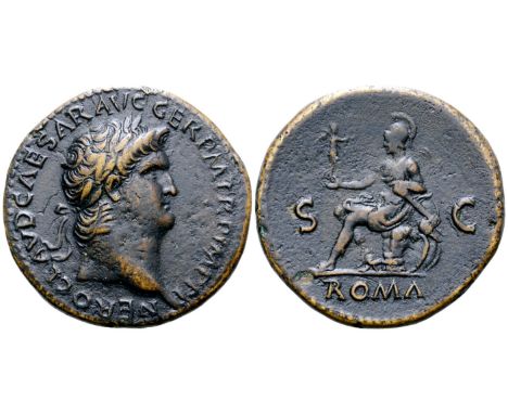 Nero Æ Sestertius. Rome, AD 65. NERO CLAVD CAESAR AVG GER P M TR P IMP P P, laureate head right / Roma, helmeted and in milit