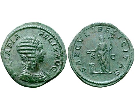 Julia Domna (mother of Caracalla) Æ Sestertius. Rome, AD 211-217. IVLIA PIA FELIX AVG, diademed and draped bust right / SAECV