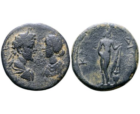 Caracalla, with Plautilla, Æ30 of Cnidus, Caria. Circa AD 202-205. [AV] T K [..], laureate, draped and cuirassed bust of Cara