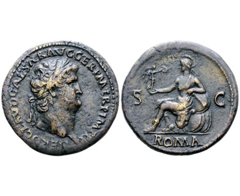 Nero Æ Sestertius. Lugdunum, circa AD 65. NERO CLAVD CAESAR AVG GER P M TR P IMP P P, laureate head right / Helmeted figure o