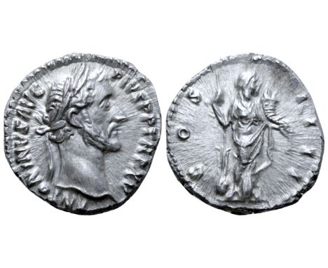 Antoninus Pius AR Denarius. Rome, AD 151-152. ANTONINVS AVG PIVS P P TR P XV, laureate head right / COS IIII, Fortuna standin