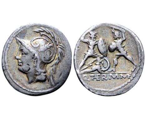 Q. Thermus M. f. AR Denarius. Rome, 103 BC. Head of Mars left, wearing crested helmet ornamented with plume on side / Roman a