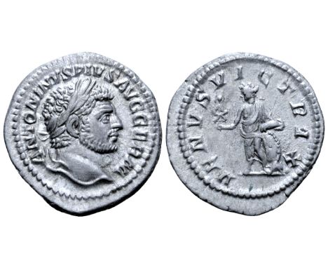 Caracalla AR Denarius. Rome, AD 213-217. ANTONINVS PIVS AVG GERM, laureate head right / VENVS VICTRIX, Venus standing left, h
