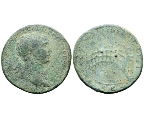 Trajan ? Sestertius. Rome, AD 103-111. [IMP CAES NERVAE TRAIAN]O AVG GER DAC P M TR P CO[S V P P], laureate bust right, weari