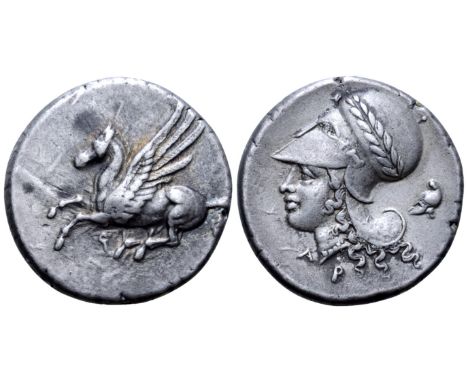 Corinthia, Corinth AR Stater. Circa 375-300 BC. Pegasos flying left; Q below / Helmeted and wreathed head of Athena left; A-P