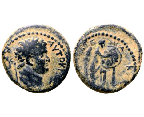 Titus Æ21 of Caesarea Maritima, Judaea. 79-81 CE. AYTOKP [TITOC KAI]CAP, laureate head right / [IOY?AIA?] ?A[??]K[YIA?], Vict
