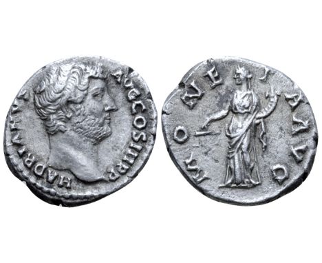 Hadrian AR Denarius. Rome, AD 134-138. HADRIANVS AVG COS III P P, bare head right / MONETA AVG, Moneta standing left, holding