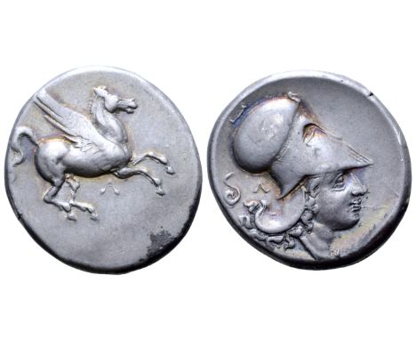 Akarnania, Leukas AR Stater. Circa 350-320 BC. Pegasos flying right; ? below / Helmeted head of Athena right; ? and serpent t