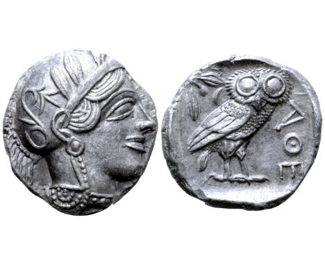 Attica, Athens AR Tetradrachm. Circa 454-404 BC. Head of Athena right, wearing earring, necklace, and crested Attic helmet de