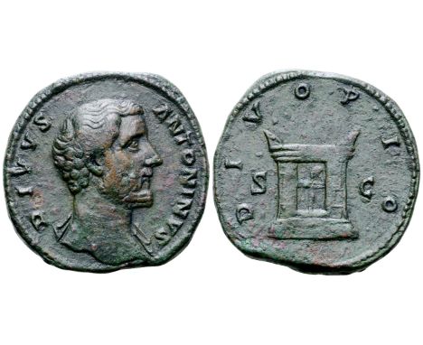 Divus Antoninus Pius Æ Sestertius. Rome, AD 161. DIVVS ANTONINVS, bare head right, drapery over far shoulder / DIVO PIO, squa