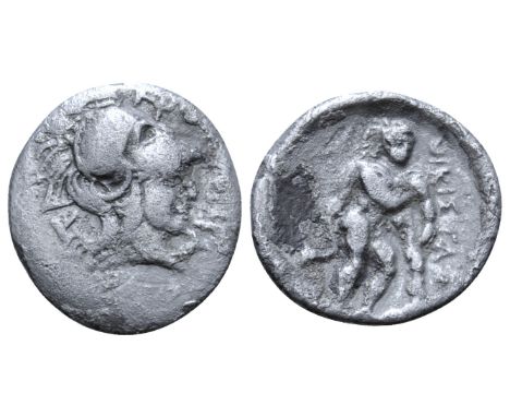 Bruttium, Kroton AR Triobol. Circa 360 BC. ???[?????]???[?], head of Athena right, wearing crested Corinthian helmet / OIKI?T