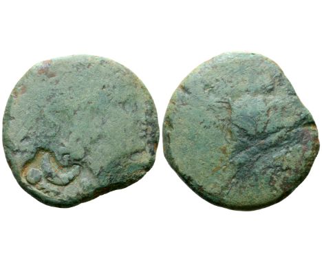 Etruria, Populonia Æ Triens. Late 3rd century BC. Head of Menvra right, wearing crested Corinthian helmet; four pellets below