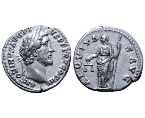 Antoninus Pius AR Denarius. Rome, 140-143. ANTONINVS AVG PIVS P P TR P COS III, laureate head right / AEQVITAS AVG, Aequitas 