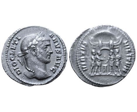 Diocletian AR Argenteus. Ticinum, AD 295. DIOCLETIANVS AVG, Laureate head right / VIRTVS MILITVM, the four Tetrarchs sacrific