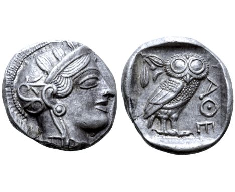 Attica, Athens AR Tetradrachm. Circa 454-404 BC. Head of Athena right, wearing earring, necklace, and crested Attic helmet de