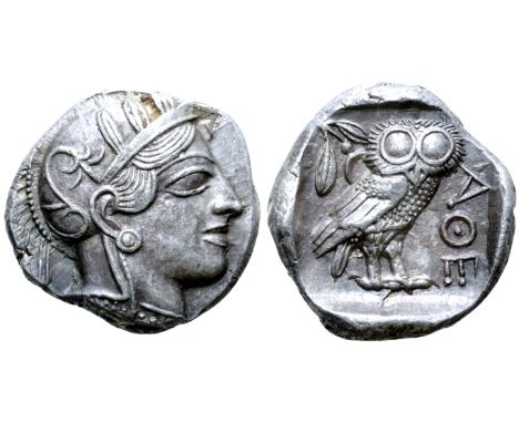 Attica, Athens AR Tetradrachm. Circa 454-404 BC. Head of Athena right, wearing earring, necklace, and crested Attic helmet de