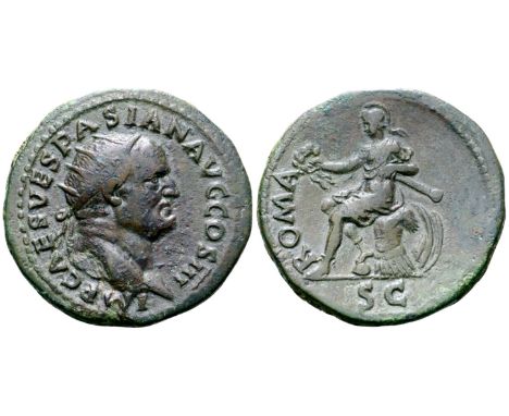 Vespasian Æ Dupondius. Rome, AD 71. IMP CAES VESPASIAN AVG COS III, radiate head right / ROMA, Roma seated left on cuirass se